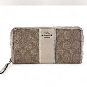 Coach Beige/Cream Signature Coated Canvas and Leather Accordion Zip Wallet